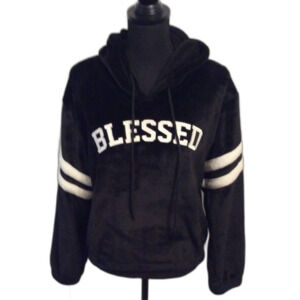 Velour Feel Teddy Pull Over Black Blessed Size Medium Hoodie